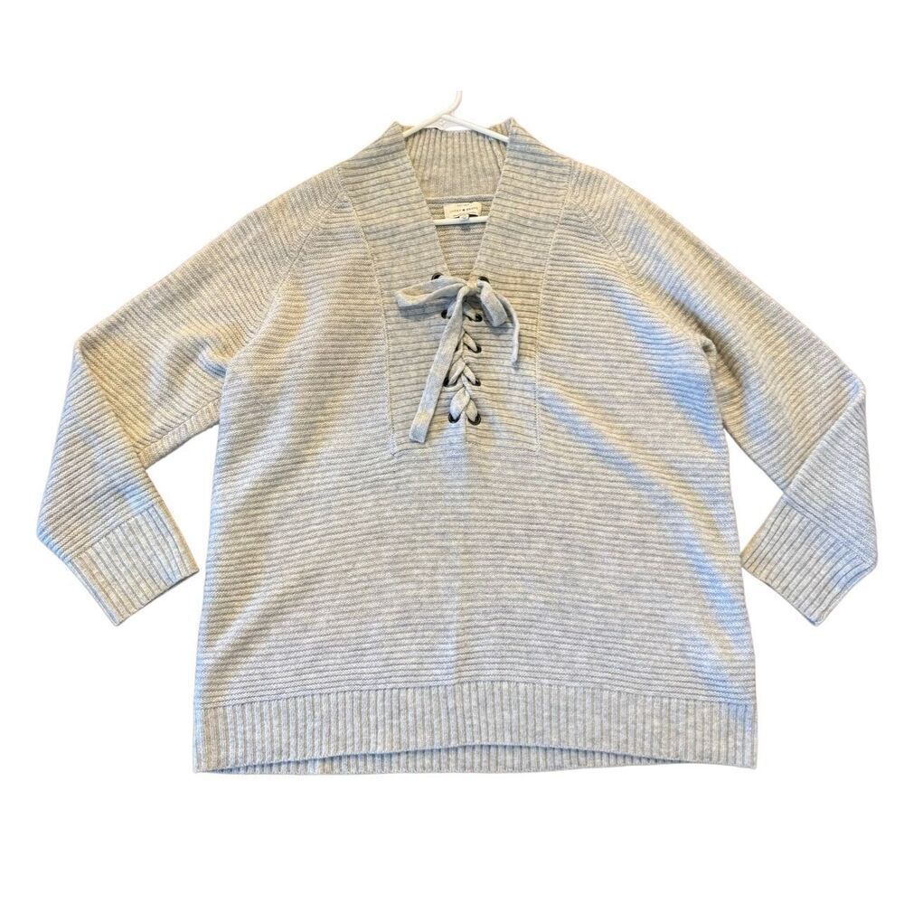 Lucky Brand grey lace up neck wool blend sweater size 2x - Picture 2 of 9